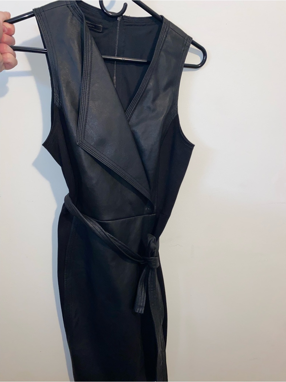 BCBGMaxAzria Black Faux Leather Wrap Midi Dress